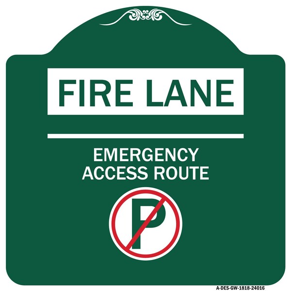 Fire Lane Emergency Access Route W/ No ParkingHeavy-Gauge Aluminum Sign, 18" x 18", GW-1818-24016